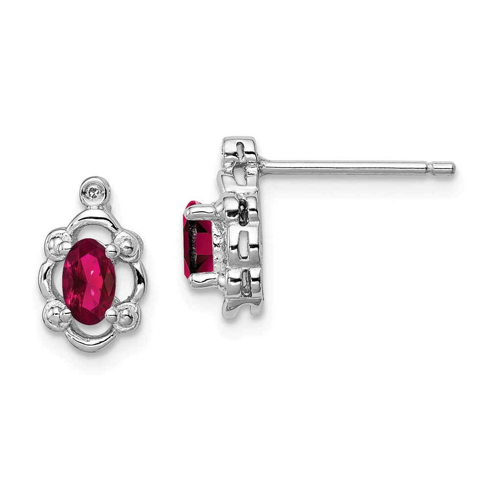 925 Sterling Silver Rhodium-plated Created Ruby & Diamond Earrings, 10mm x 6mm