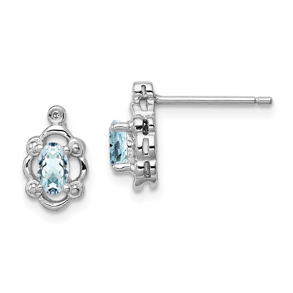 925 Sterling Silver Rhodium-plated Aquamarine & Diamond Earrings, 10mm x 6mm