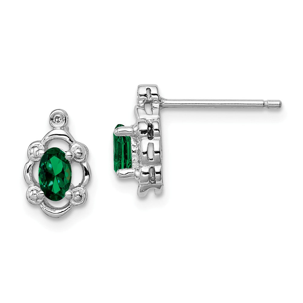 925 Sterling Silver Rhodium-plated Created Emerald & Diamond Earrings, 10mm x 6mm