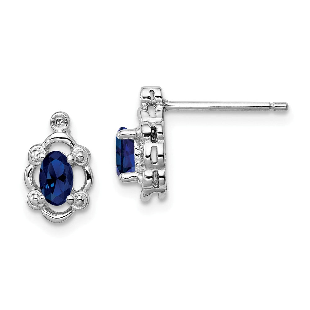 925 Sterling Silver Rhodium-plated Created Sapphire & Diamond Earrings, 10mm x 6mm