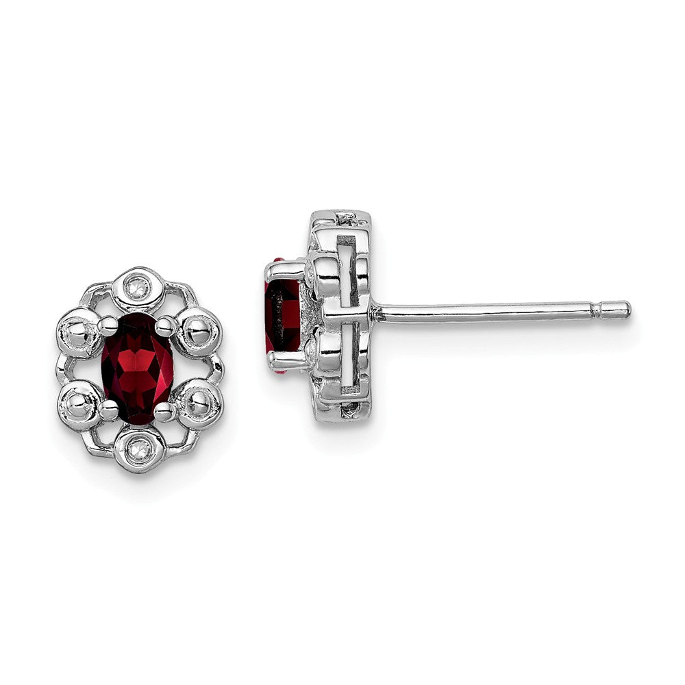925 Sterling Silver Rhodium-plated Garnet & Diamond Earrings, 9mm x 7mm