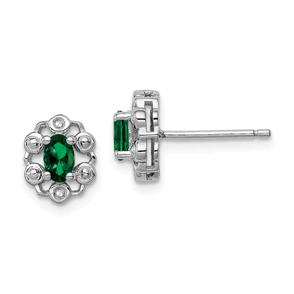 925 Sterling Silver Rhodium-plated Created Emerald & Diamond Earrings, 9mm x 7mm