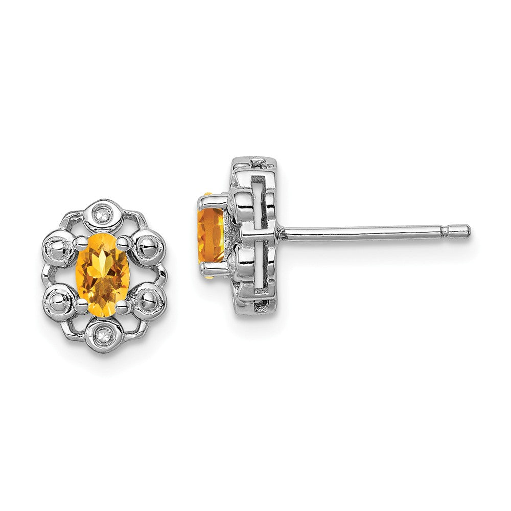 925 Sterling Silver Rhodium-plated Citrine & Diamond Earrings, 9mm x 7mm
