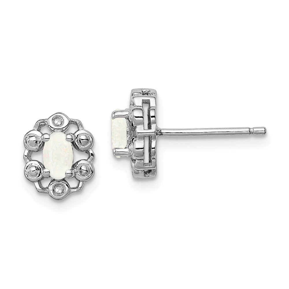 925 Sterling Silver Rhodium-plated Created Opal & Diamond Earrings, 9mm x 7mm