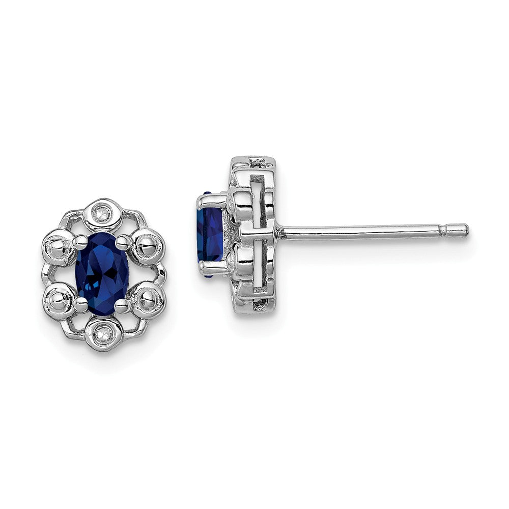 925 Sterling Silver Rhodium-plated Created Sapphire & Diamond Earrings, 9mm x 7mm