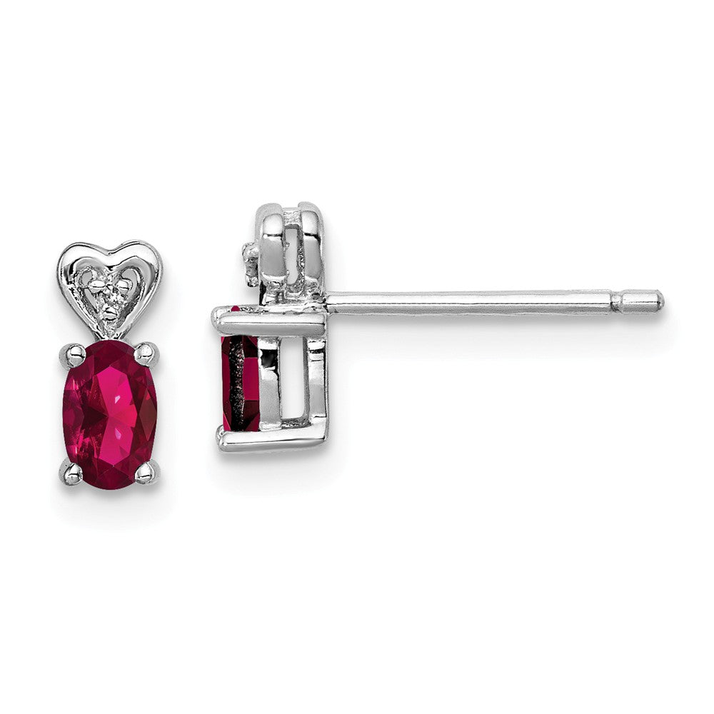925 Sterling Silver Rhodium-plated Created Ruby & Diamond Earrings, 8mm x 3mm