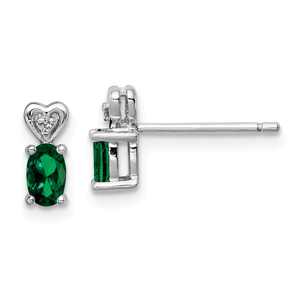 925 Sterling Silver Rhodium-plated Created Emerald & Diamond Earrings, 8mm x 3mm