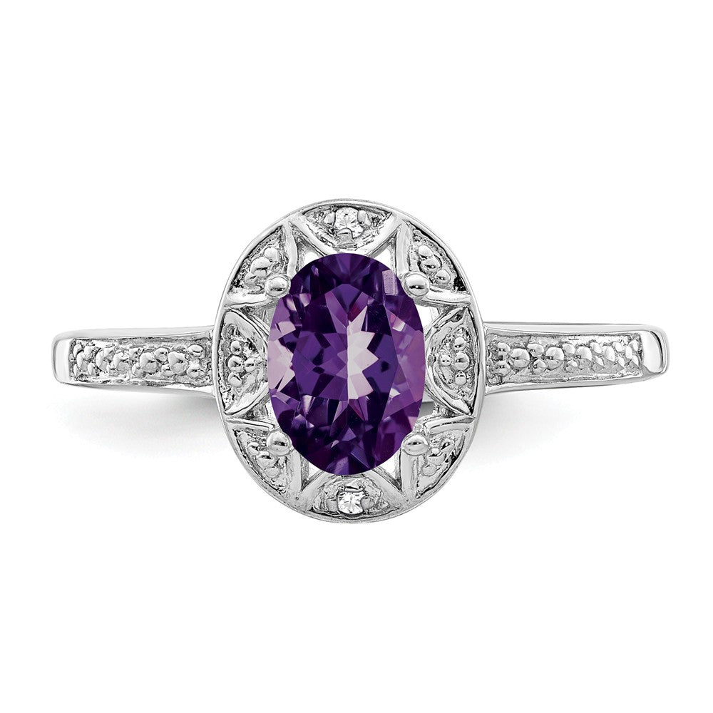 925 Sterling Silver Rhodium-plated Diamond & Amethyst Ring, Size: 7