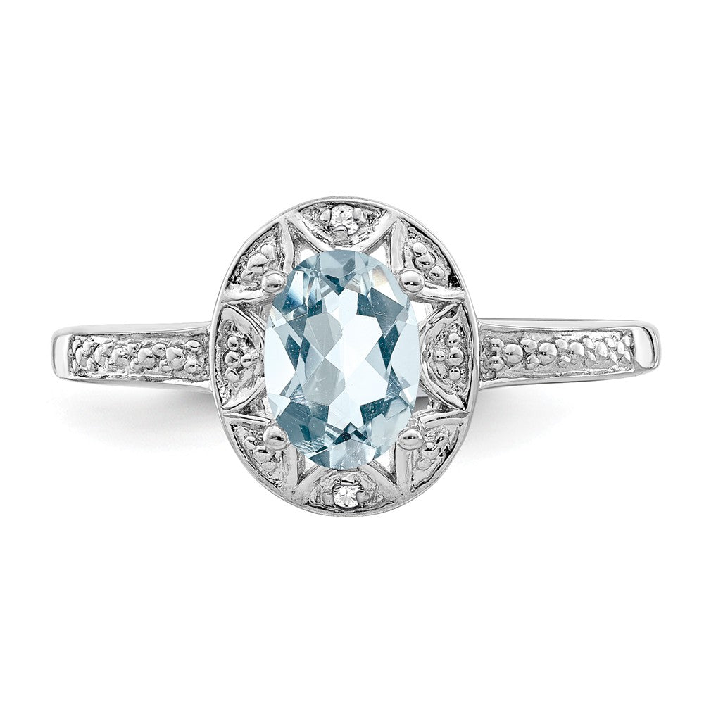 925 Sterling Silver Rhodium-plated Diamond & Aquamarine Ring, Size: 8