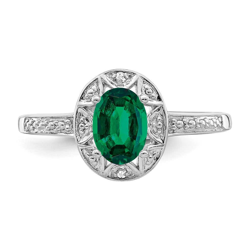 925 Sterling Silver Rhodium-plated Diamond & Created Emerald Ring, Size: 9