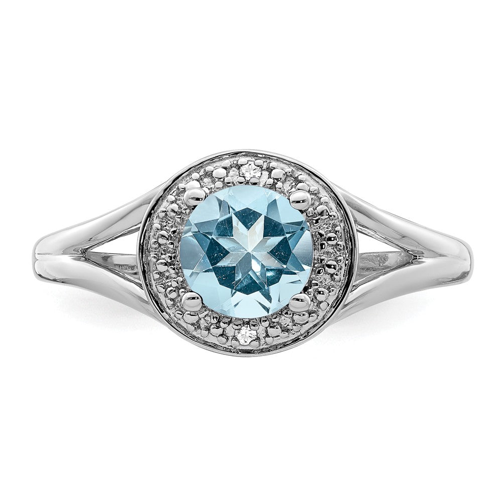 925 Sterling Silver Rhodium-plated Diamond & Aquamarine Ring, Size: 9