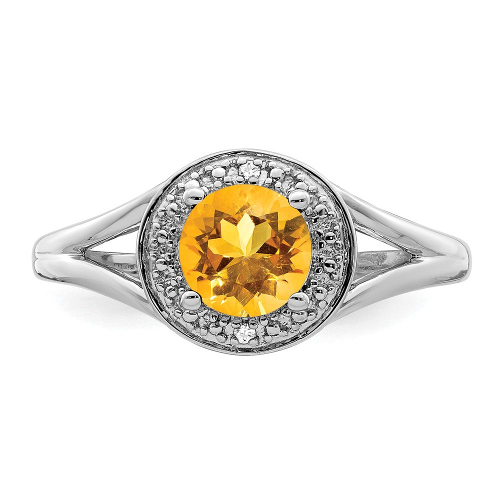 925 Sterling Silver Rhodium-plated Diamond & Citrine Ring, Size: 6