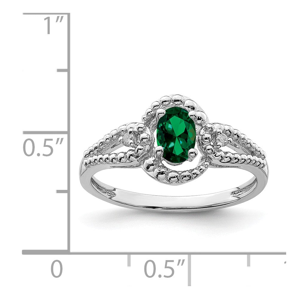 925 Sterling Silver Rhodium-plated Created Emerald & Diamond Ring, Size: 6