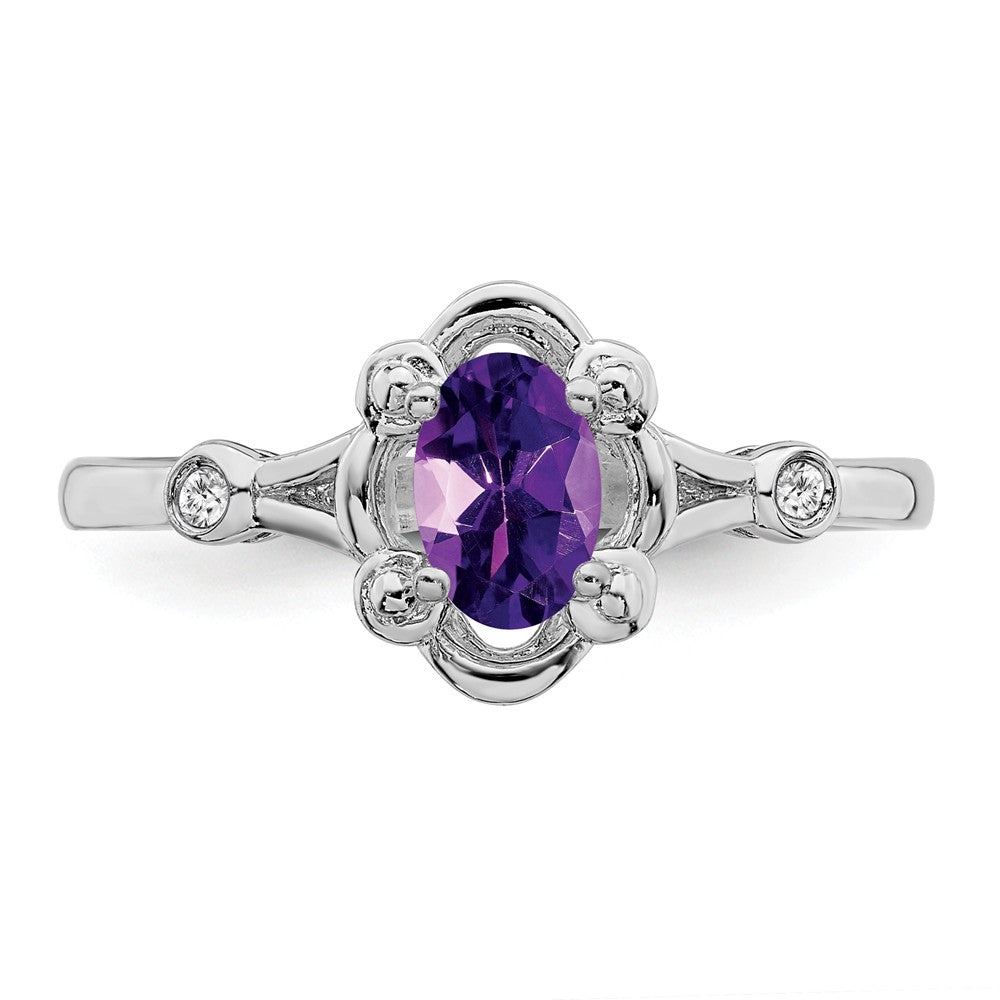 925 Sterling Silver Rhodium-plated Amethyst & Diamond Ring, Size: 6