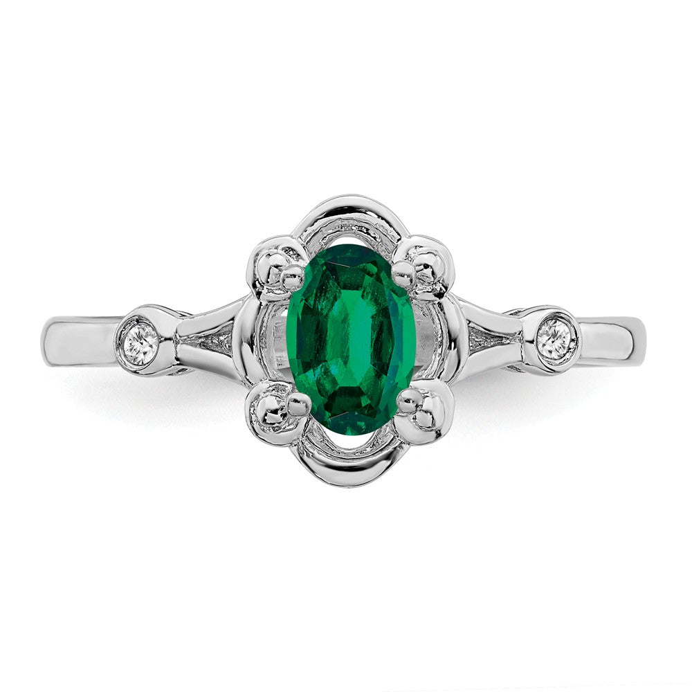 925 Sterling Silver Rhodium-plated Created Emerald & Diamond Ring, Size: 7