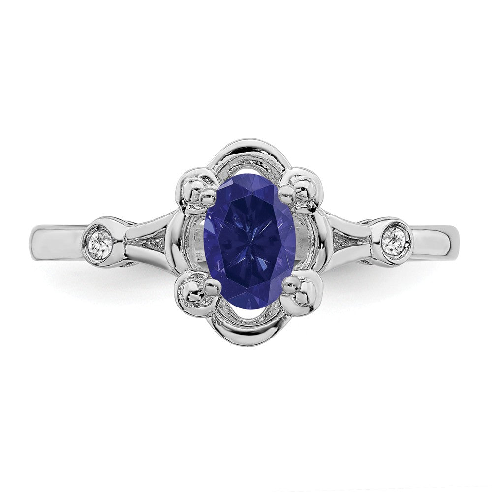 925 Sterling Silver Rhodium-plated Created Sapphire & Diamond Ring, Size: 9