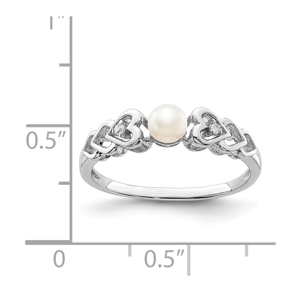 925 Sterling Silver Rhodium-plated Freshwater Cultured Pearl & Diamond Ring, Size: 7