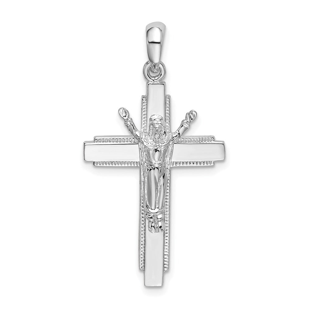 Million Charms 925 Sterling Silver Religious Charm Pendant, Risen Christ Crucifix, High Polish Beaded Edge
