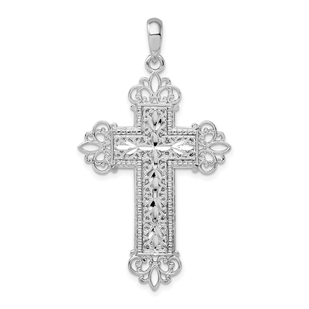 Million Charms 925 Sterling Silver Religious Charm Pendant, Block Cross With Cut-Out Fleur-Di-Lis Tips, 2-D