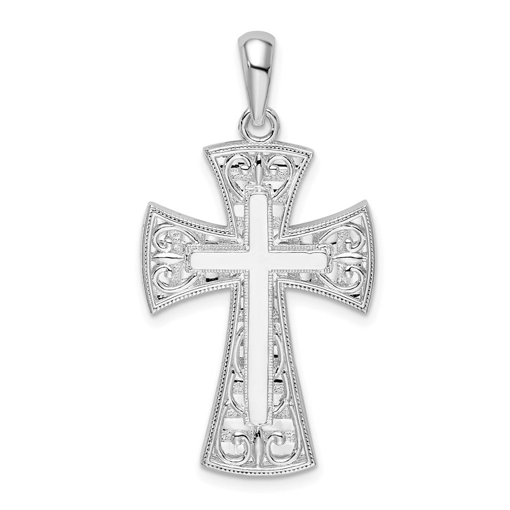 Million Charms 925 Sterling Silver Religious Charm Pendant, Cross with Filigree Heart Tip & Stick Center, Closed