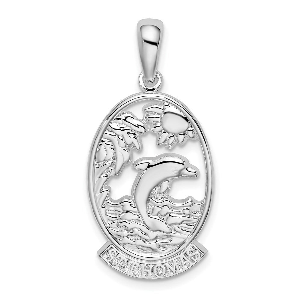 Million Charms 925 Sterling Silver Travel Charm Pendant, St. Thomas with Dolphin & Sunset In Frame