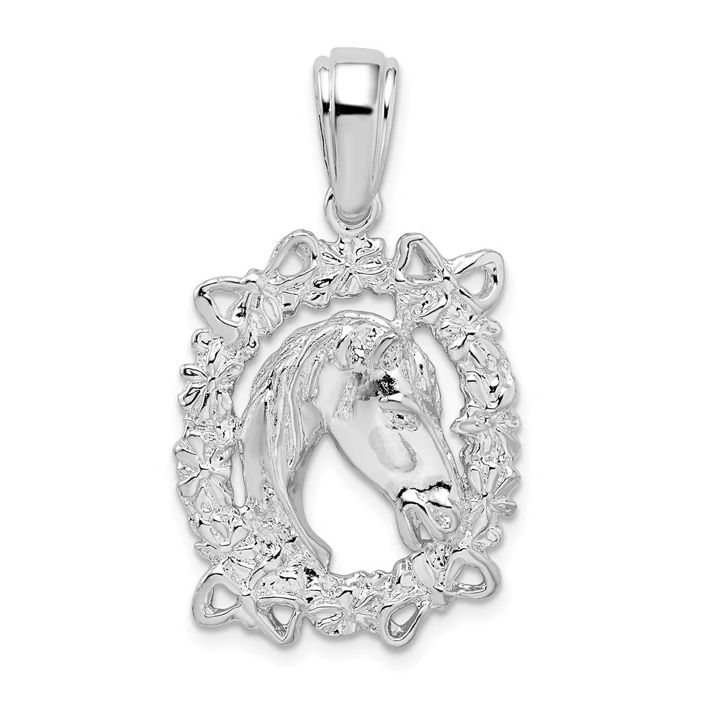 Million Charms 925 Sterling Silver Equestrian Animal Charm Pendant, Horse Head In Wreath Frame, Textured