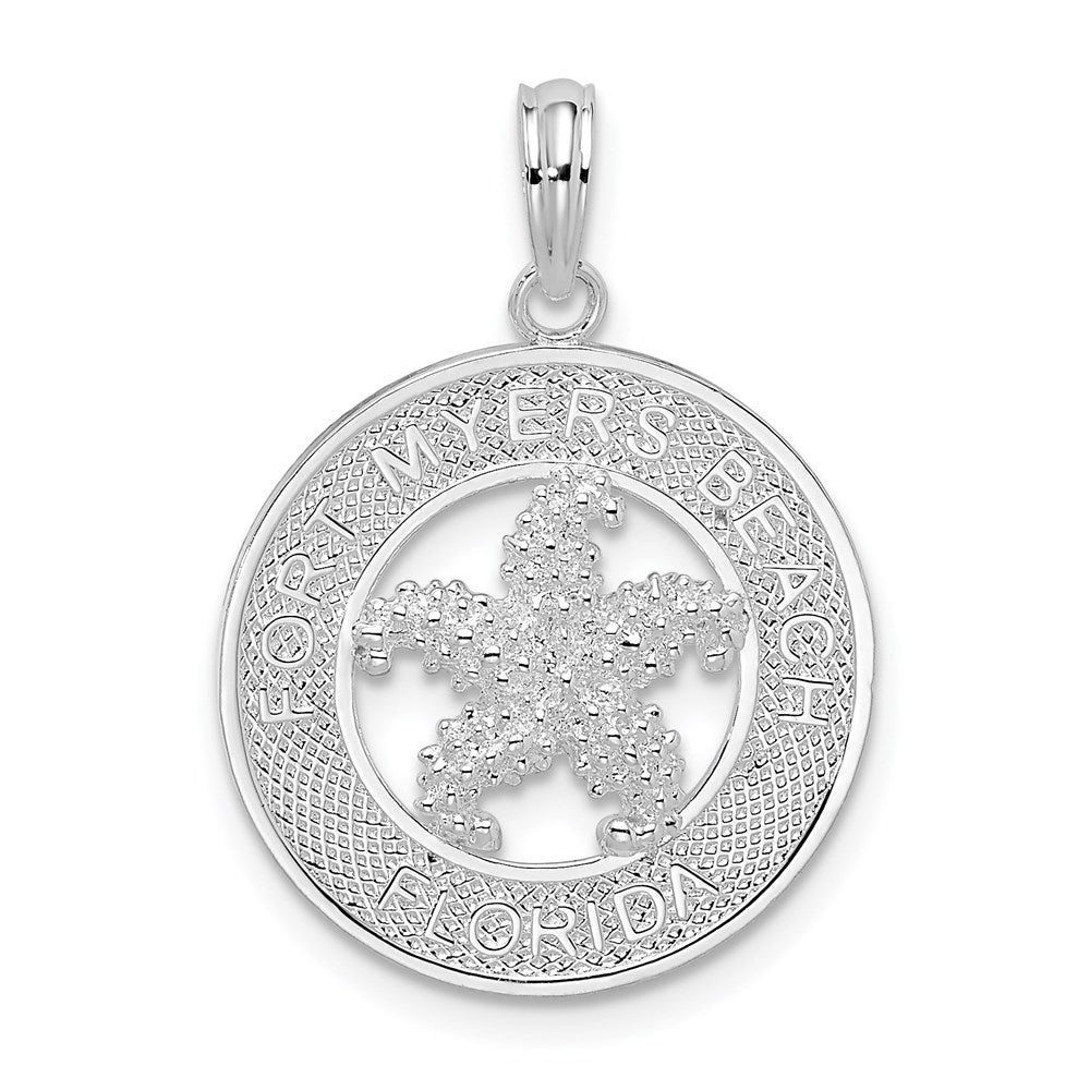 Million Charms 925 Sterling Silver Travel Charm Pendant, Fort Myers Beach Fl On Round Frame with Starfish Center
