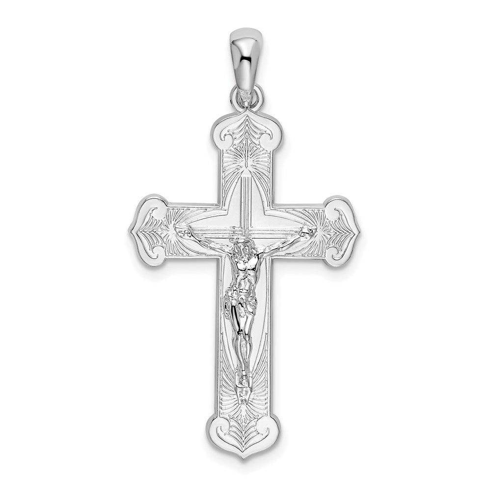 Million Charms 925 Sterling Silver Religious Charm Pendant, Crucifix with Jesus On Engraved Cross With Rhodium