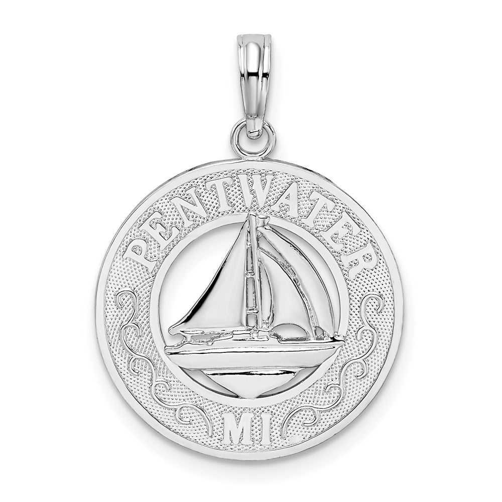 Million Charms 925 Sterling Silver Travel Charm Pendant, Pentwater, Mi Round Frame with Sailboat Center