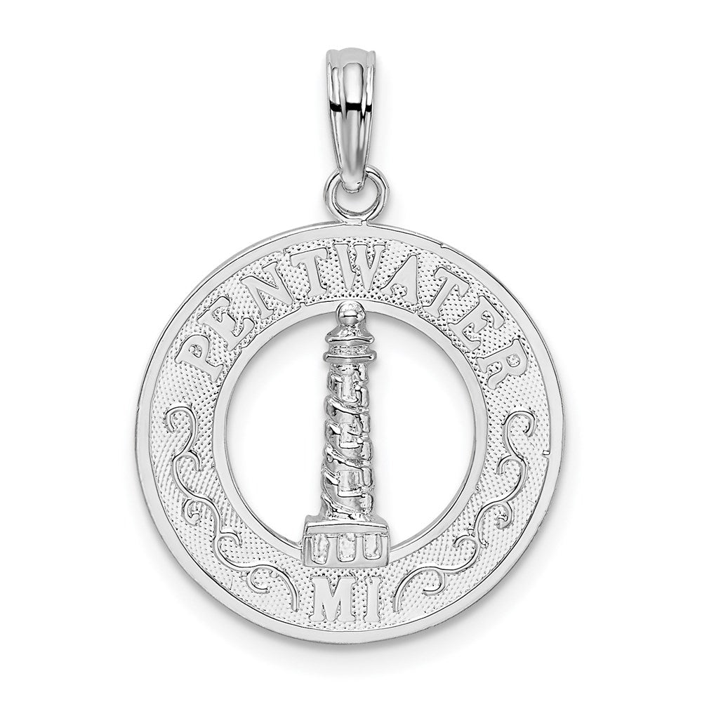 Million Charms 925 Sterling Silver Travel Charm Pendant, Pentwater, MI Round Frame with Lighthouse Center
