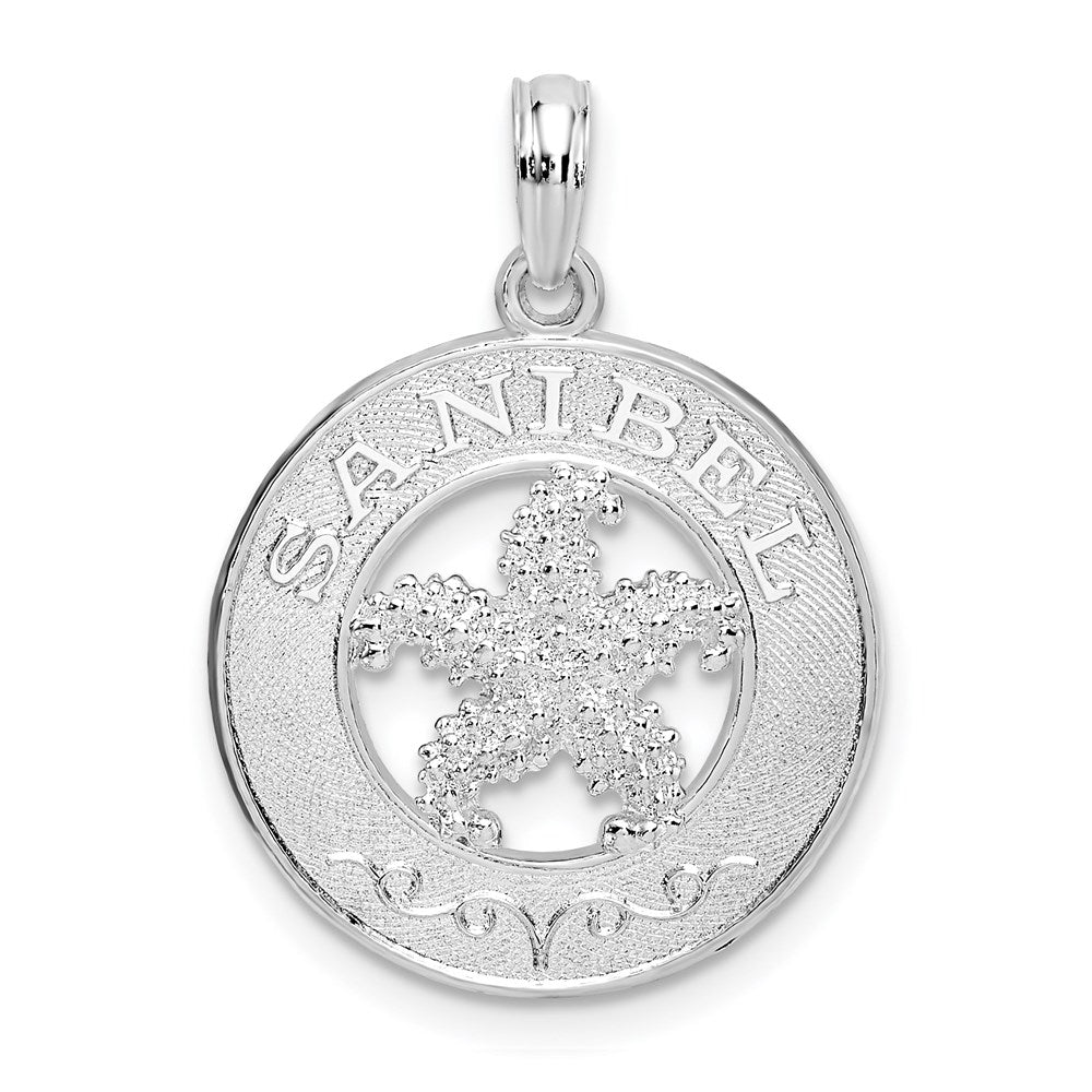 Million Charms 925 Sterling Silver Travel Charm Pendant, Sanibel On Round Frame with Starfish Center
