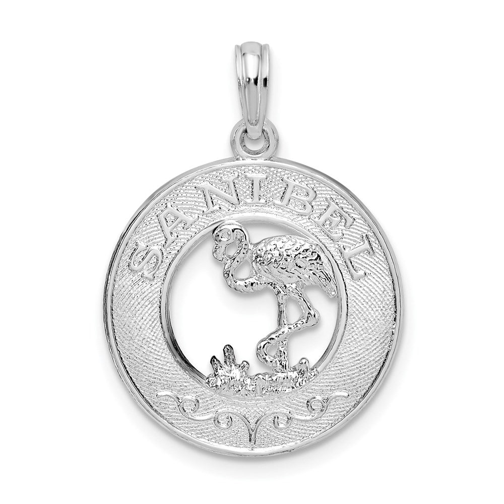 Million Charms 925 Sterling Silver Travel Charm Pendant, Sanibel On Round Frame with Flamingo Center