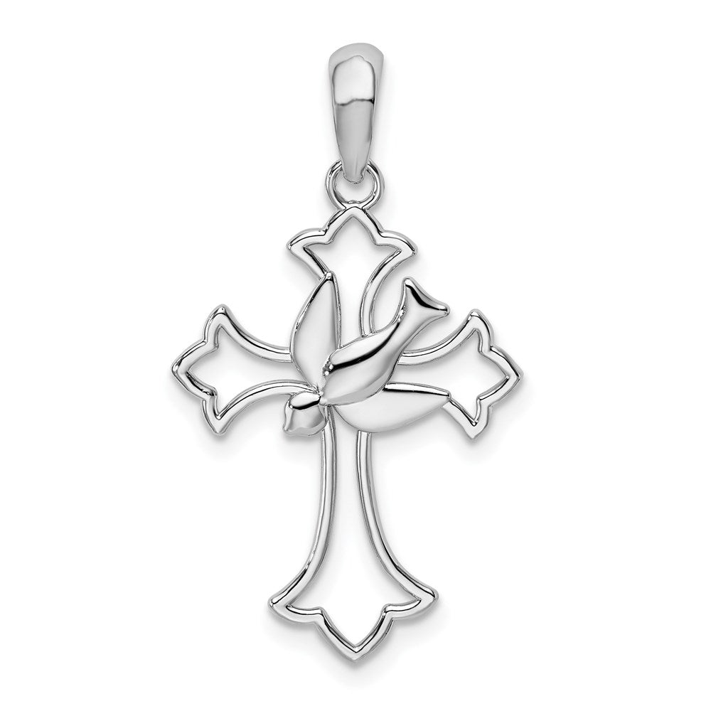 Million Charms 925 Sterling Silver Religious Charm Pendant, Small Cross with Dove Center, Cut-Out & High Polish