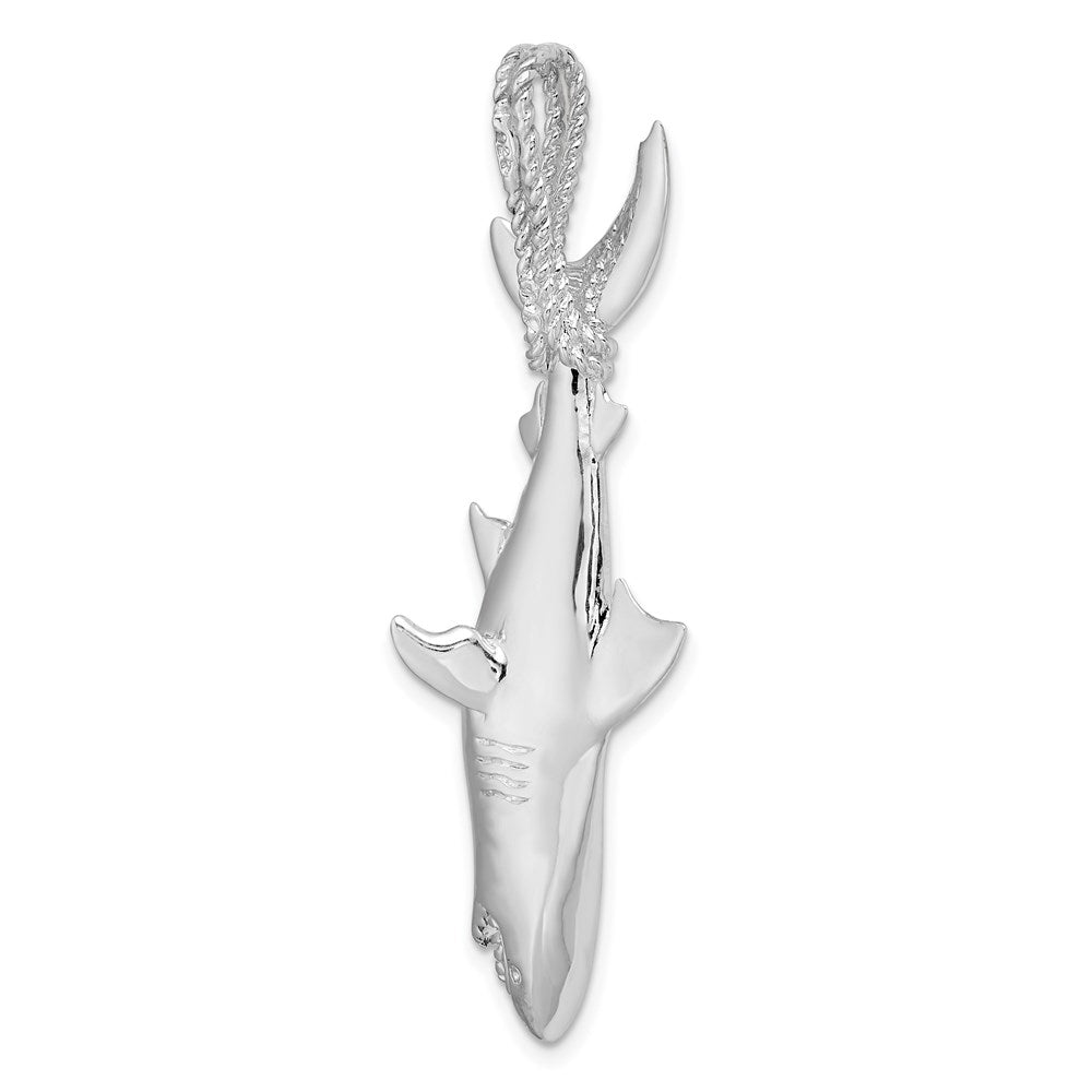 Million Charms 925 Sterling Silver Nautical Sea Life Charm Pendant, Large 3-D Shark Hanging From Rope Bail, High Polish