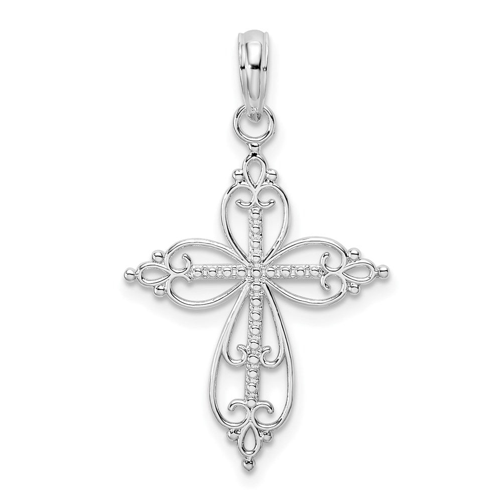 Million Charms 925 Sterling Silver Religious Charm Pendant, Small Cross Cut-Out with Beaded Cross Center