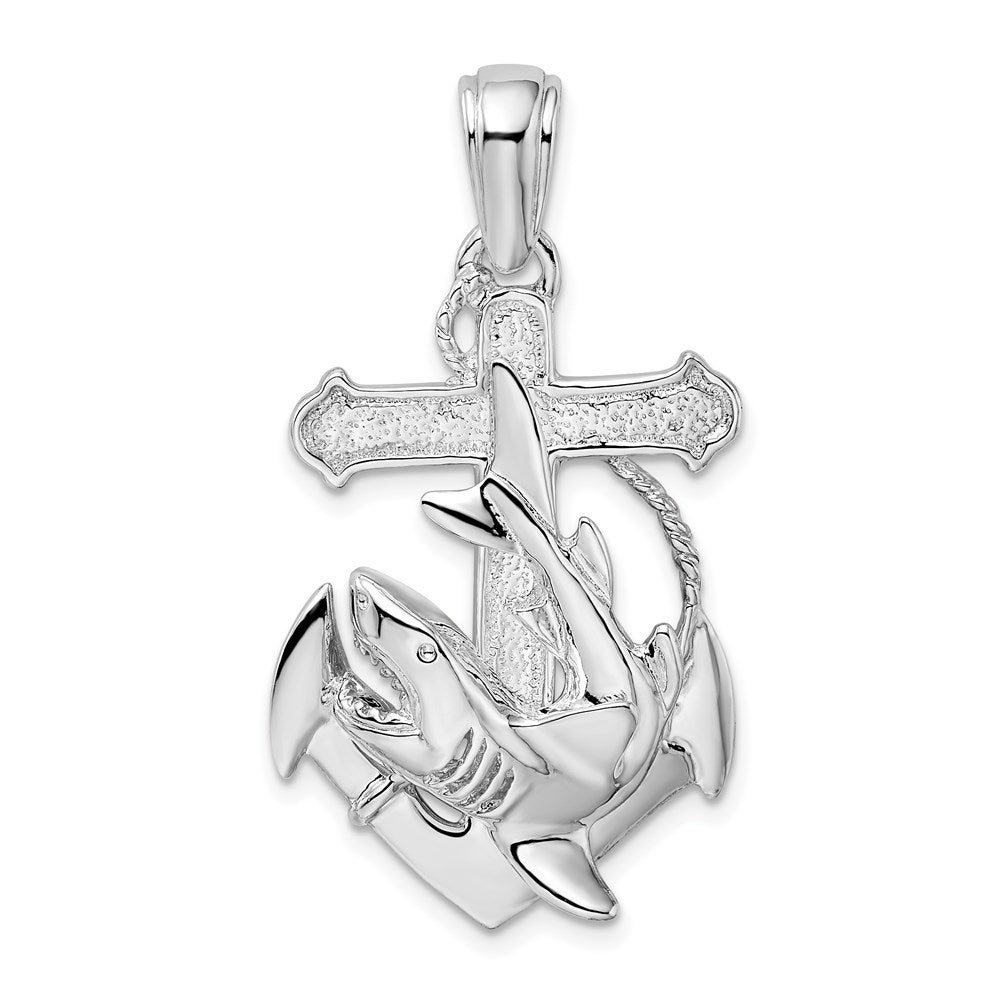 Million Charms 925 Sterling Silver Nautical Sea Life Charm Pendant, Anchor With Shark, 2-D & High Polish