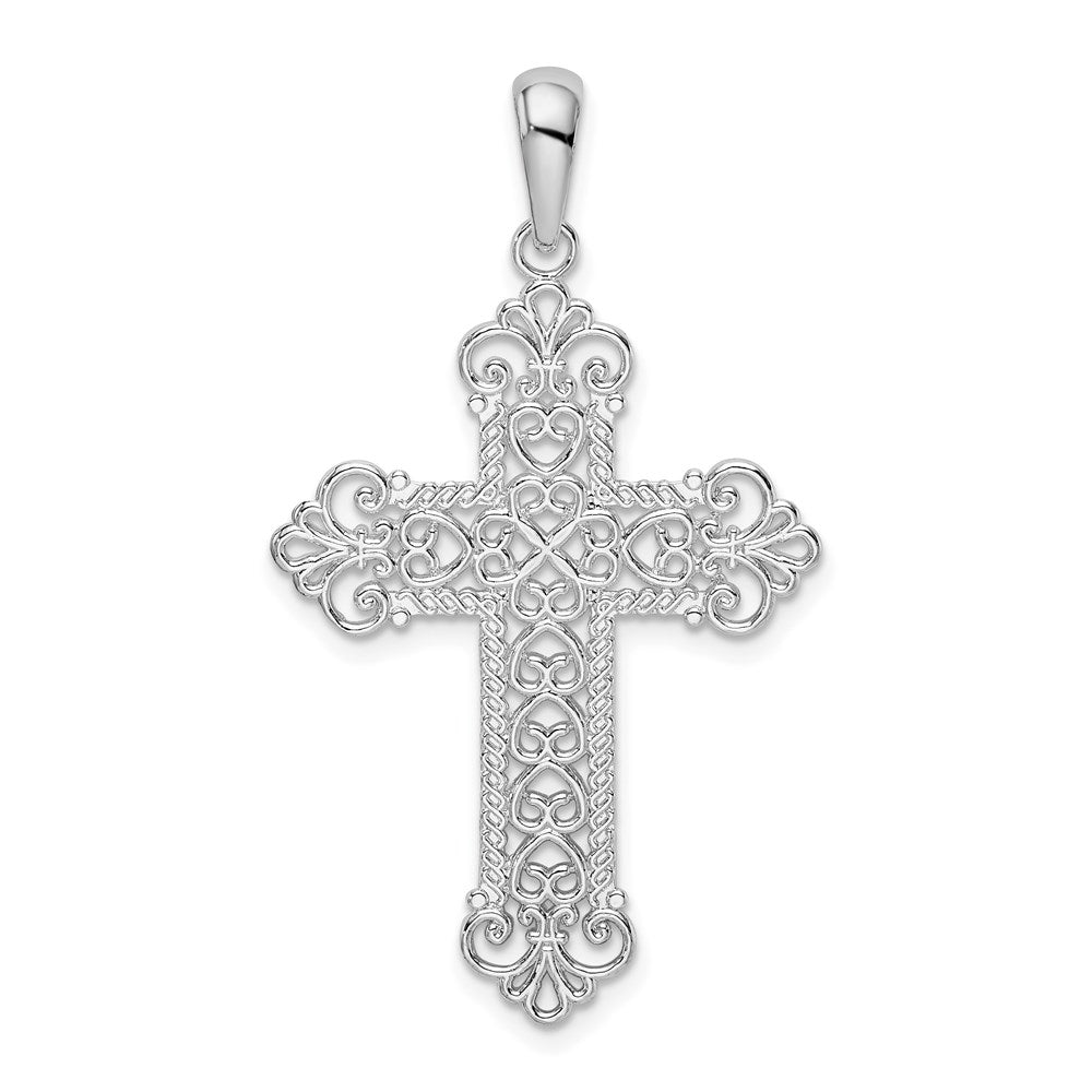 Million Charms 925 Sterling Silver Religious Charm Pendant, Large Rope Frame Filigree Cross with Fleur-De-Lis Tips (