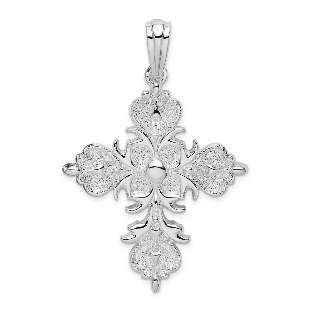 Million Charms 925 Sterling Silver Religious Charm Pendant, Large Cross With Fleur-De-Lis Tips, Solid Back