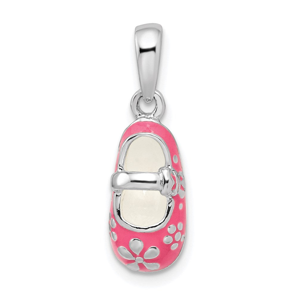 Million Charms 925 Sterling Silver Charm Pendant, 3-D Baby Shoe with Pink Enamel & Flowers