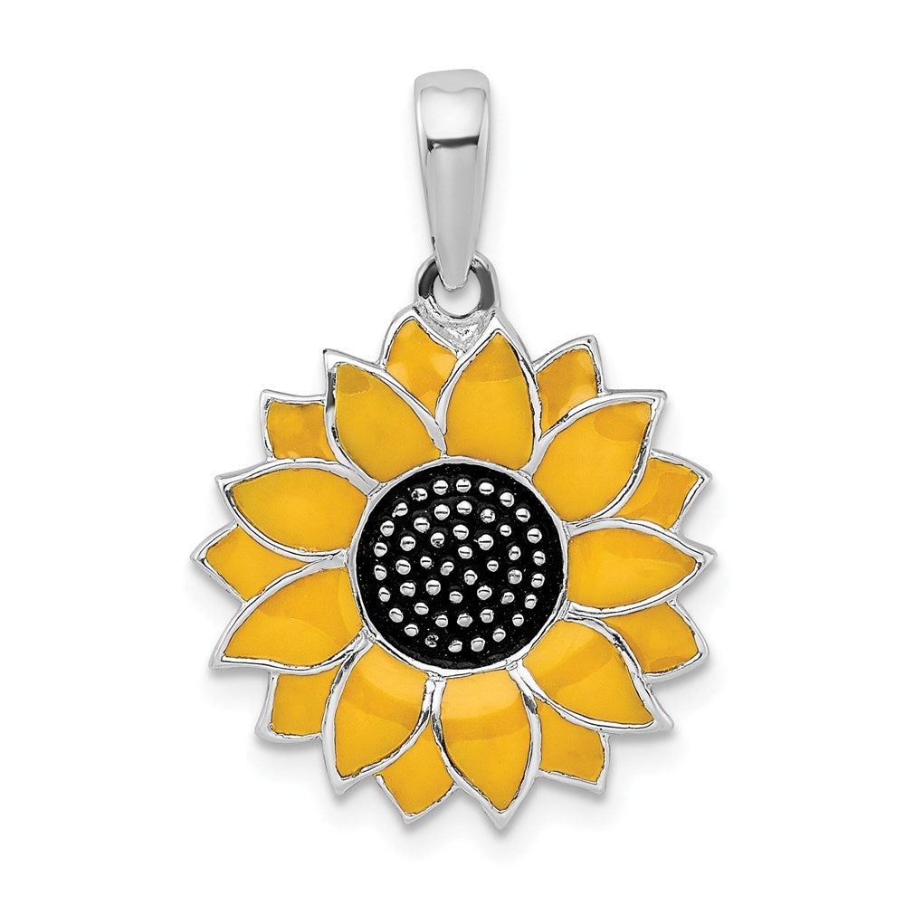 Million Charms 925 Sterling Silver Charm Pendant, Sunflower Pendant with Yellow And Black Enamel, 2-D
