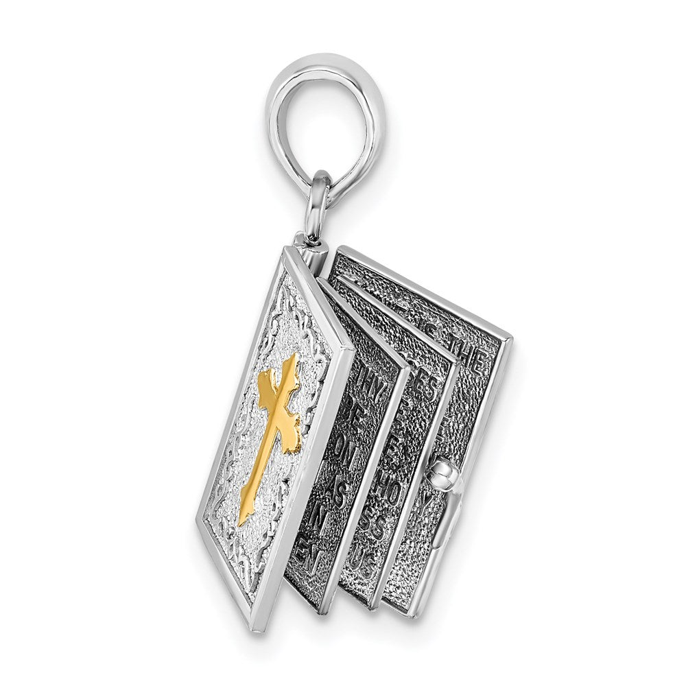 Million Charms 925 Sterling Silver Religious Charm Pendant, 3-D Bible Book with 14K Cross Cover & Lord's Prayer Inside