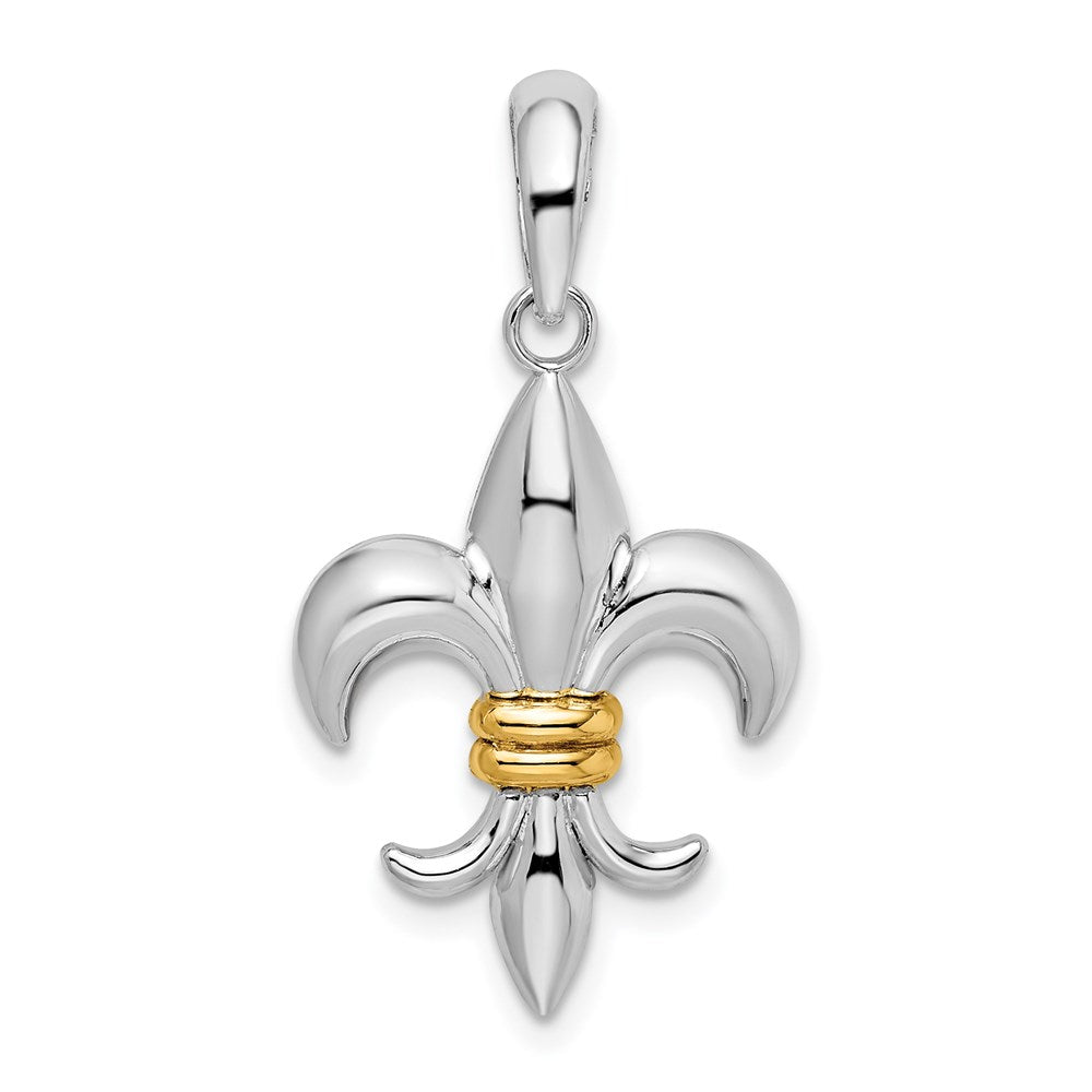 Million Charms 925 Sterling Silver Charm Pendant, Medium Fleur-De-Lis Pendant with 14K Accent 2-D