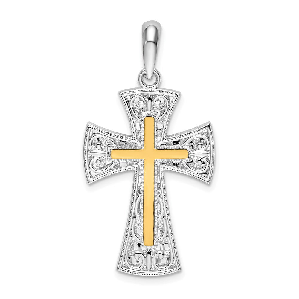 Million Charms 925 Sterling Silver Religious Charm Pendant, 14K Cross with Filigree Heart Tip & Stick Center, Closed