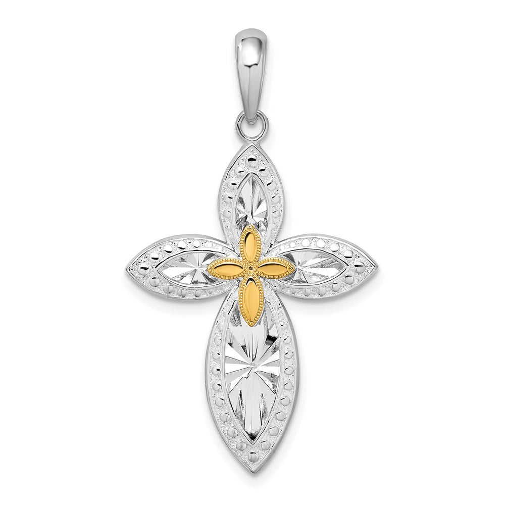 Million Charms 925 Sterling Silver Religious Charm Pendant, Beaded Edge Cross with Starburst Inset & 14K Cross , Closed