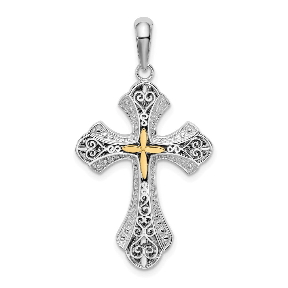 Million Charms 925 Sterling Silver Religious Charm Pendant, Beaded Edge Cross with Raised Filigree & 14K Cross , Closed