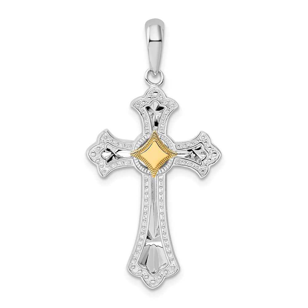 Million Charms 925 Sterling Silver Religious Charm Pendant, Beaded Edge Cross with Starburst Inset & 14K Cross , Closed