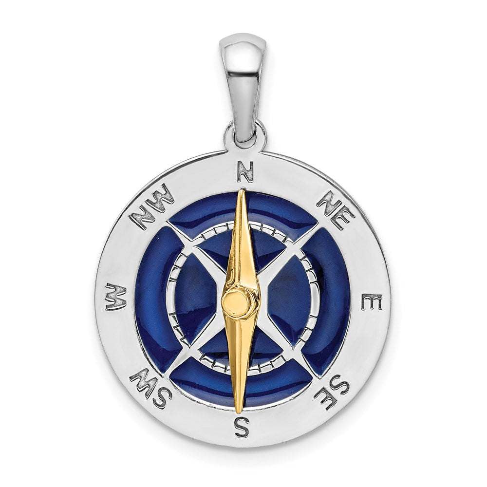 Million Charms 925 Sterling Silver Charm Pendant, Nautical Compass Blue Enamel with 14K Moveable Needle