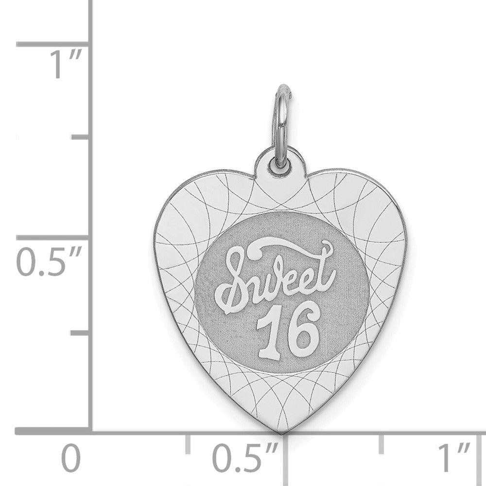 Million Charms 925 Sterling Silver Rhodium-Plated Sweet Sixteen Heart Disc Charm