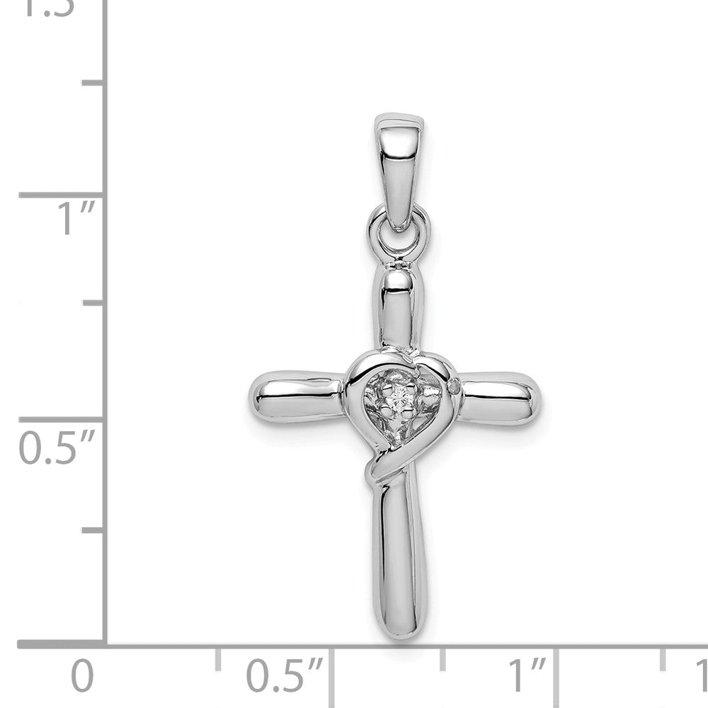 Million Charms 925 Sterling Silver Rhodium-Plated White (Cubic Zirconia) CZ Heart Relgious Cross Pendant