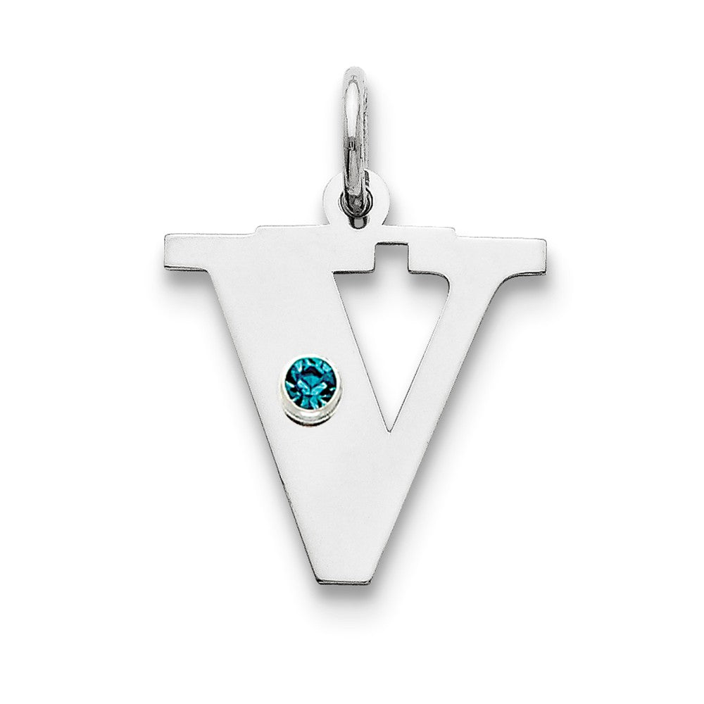 Million Charms 925 Sterling Silver Rhod-Plated Alphabet Letter Initial V Personalized With Birthday Month Colored Stone Charm